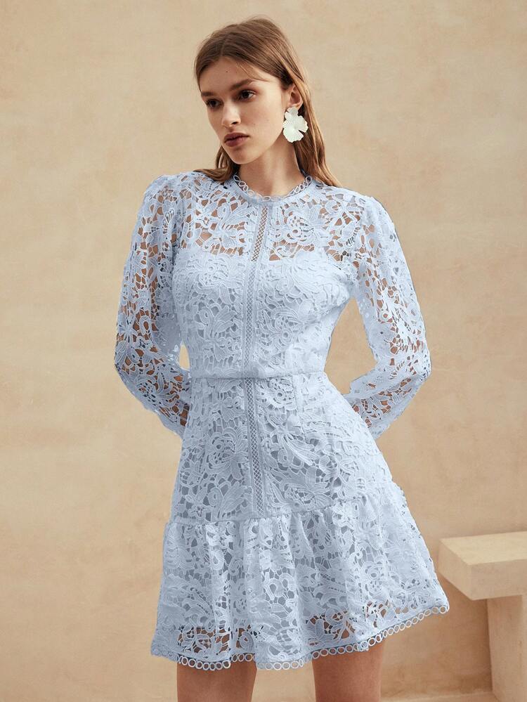 Elegant European Style Solid Color Floral Soluble Lace Long Sleeve Dress For Spring And Summer