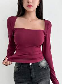 DAZY 女式春夏季單色方領長袖修身褶皺T恤