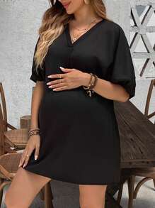 SHEIN Vestido negro de verano casual para mujeres embarazadas con escote en V