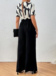 Chiquease Enterizo negro elegante con mangas cortas con impresión gráfica en contraste blanco y negro con corte aleatorio para el verano y escote en V - Albaricoque - Ver 2