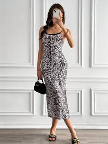 SHEIN LUNE 無袖圓領針織豹紋修身中長款連衣裙，帶蕾絲面板和開叉搭扣設計 - 灰色 - 查看 6