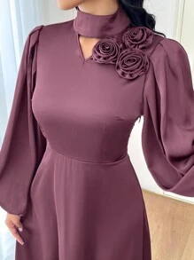 Modelyn Women's Fall Elegant Maroon Solid Color Long Sleeve Floral Applique Dress