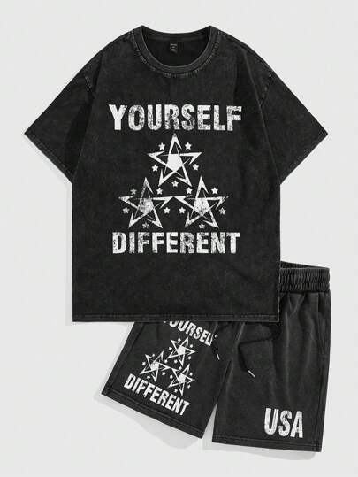 Street Life Conjunto de camiseta casual de manga corta con cuello redondo impreso con letras y estrellas y pantalón corto con cordón para la cintura para hombre en verano
