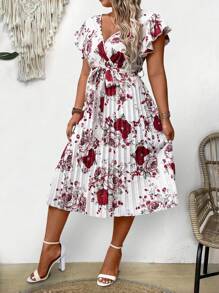 SHEIN Clasi Gaun Kasual Musim Panas Ukuran Besar dengan Motif Bunga, Hem Bergelombang, dan Hiasan Rumbai - Red and White - View 3