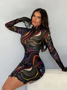 SHEIN SXY 黑色迷幻線條花卉印花半透明立領網眼高開叉長袖連衣裙，能遮臀 - 彩色 - 查看 1