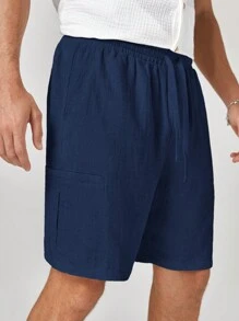 Manfinity Homme Nuevo pantalón corto deportivo recto de cintura media con cintura elástica tejido para hombre, adecuado para uso diario en primavera y verano - Azul Marino - Ver 6