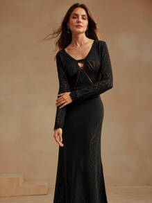 Anewsta Váy dệt kim hở lỗ cutout thanh lịch - màu đen - Xem 7