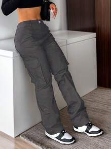 Casual Versatile Minimalist Solid Color Straight-Leg Cargo Pants Christmas Day - Xám - Xem 4