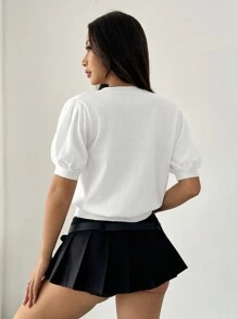 SHEIN EZwear 女款V領短袖針織上衣，蝴蝶結裝飾，單色優雅 - 白色 - 查看 2