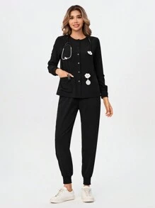 TaskEZ Conjunto de uniforme con frente abotonado, camisa de manga larga con bolsillos y pantalones