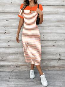 EMERY ROSE Women's Summer Striped Round Neck Short Sleeve Button Design Casual T-Shirt Dress With Side Slit Hem Maxi Women Outfit - Multicolor - View 4