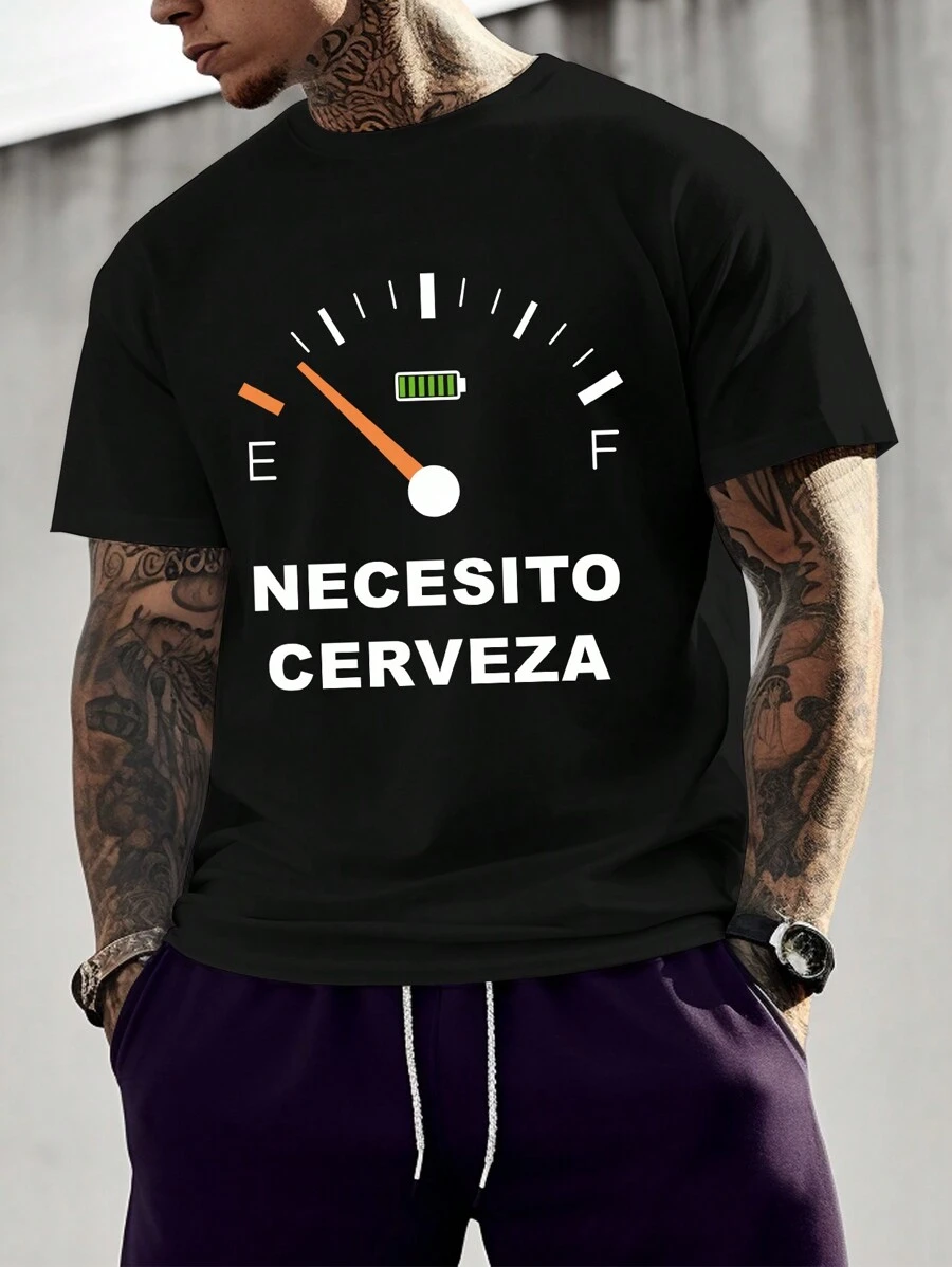 Manfinity Homme Camiseta de manga corta casual de verano con estampado de letra y eslogan para hombres tallas grandes, para salir