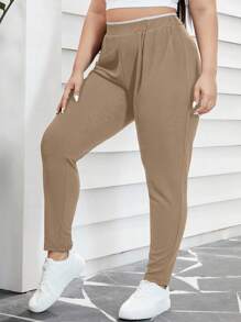 SHEIN Essnce Plus Size Women's Solid Color Simple Daily Pants - Khaki - View 3