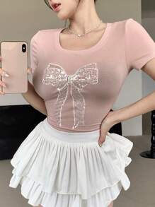 DAZY Women's Valentine's Pink Bow Decor Short Sleeve Tee Cute Tops
