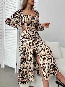 SHEIN Clasi Vestido de manga larga con corte en el dobladillo y detalle de leopardo en el pecho - Marrón - Ver 5