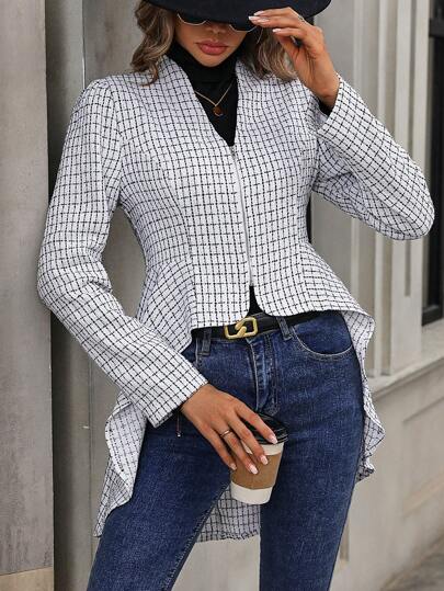 SHEIN Clasi 春秋季優雅格紋不對稱翻領毛呢外套，下擺褶邊設計