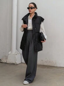 DAZY Women's Winter Casual Solid Color Stand Collar Drawstring Waistcoat Padded Coat , Black Vest ,Winter Women Clothes,Winter Coat Women Jacket - Black - View 11