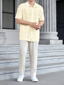 GENTILAND Men's Summer Casual Solid Color Textured Short Sleeve Shirt - Yellow - View 3