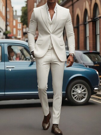 Manfinity Mode Men's Solid Color Single-Breasted Blazer With Bent Joint & Pocketed Dress Pants Suit Men White Suitwhite Suit Menwhite Suit For Menwhite Suitwhite Outfit For Men