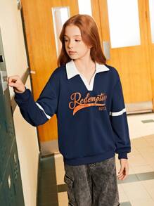 SHEIN Explorewe Tween Girls' Letter Printed Polo Collar Sweatshirt - Multicolor - View 4