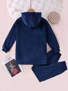 Boys' Teenage Simple Navy Blue English Letter Printed Long Sleeve Hooded Top And Pants Homewear Set - Navy Blue - View 2