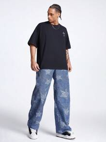 Manfinity VCAY 男款寬腿數字印花星紋織長褲 - 藍色 - 查看 6