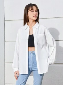 SHEIN Leap Crew Teen Girls Drop Shoulder Button Front Shirt - White - View 5