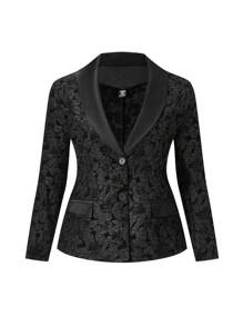 SHEIN Unity Plus Size Women's Jacquard Shawl Collar Single-Breasted Elegant Blazer With Long Sleeves For Spring And Autumn , Black Blazer Graduation,Back To School,Teacher Outfits For Women - Black - View 1