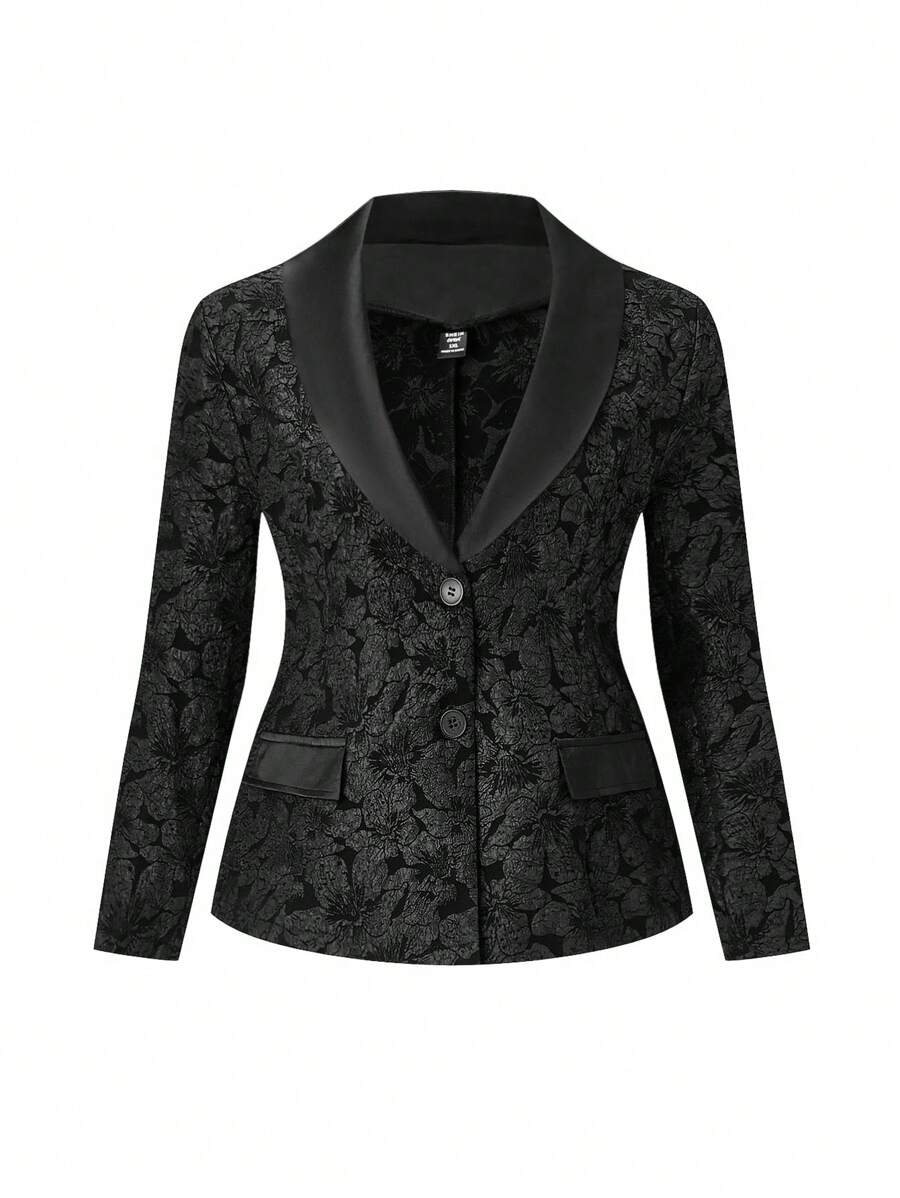SHEIN Unity Plus Size Women's Jacquard Shawl Collar Single-Breasted Elegant Blazer With Long Sleeves For Spring And Autumn , Black Blazer Graduation,Back To School,Teacher Outfits For Women - Black - View 1