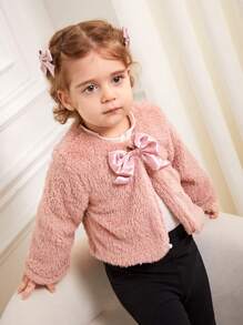 SHEIN Playful Pals Cardigan en peluche chaud et élégant pour bébé fille, parfait pour l'extérieur, l'automne et l'hiver - Vieux Rose - Voir 7