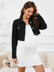 SHEIN Maternity Front Buttoned Pocket Long Sleeve Short Denim Jacket, Casual Daily Wear
