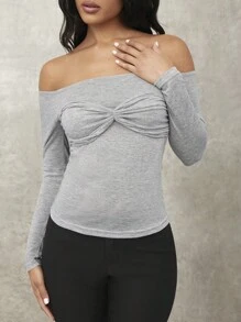 SHEIN BAE Gray Solid Color Women's Simple Daily Casual Outing, Back To School, Off Shoulder Off-Shoulder Long-Sleeved Tight T-Shirt,
Fitted T Shirt,Long Sleeves Woman,Work Women Tops