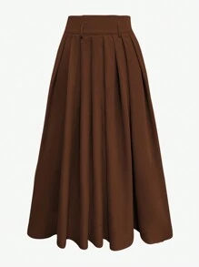 RosyDaze Solid Color Simple Pleated Skirt, Daily Casual Wear Maxi Women Outfit Fall Cloth For Women