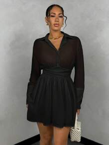 SHEIN BAE Rochie cămașă de vară pentru femei, culoare uni, cu pliuri, talie strânsă și linie A, potrivită pentru hainele de lucru - Negru - Vizualizare 5