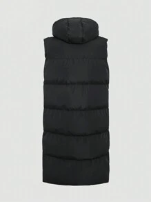 DAZY 女士无袖连帽绗缝外套，纽扣拉链设计，优雅时尚纯色简约款式外套，冬季女装，冬季女式背心外套 - 黑色 - 查看 10