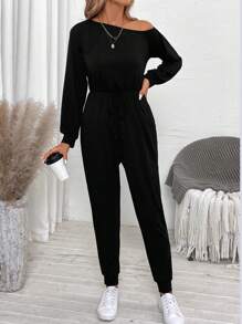 EMERY ROSE Women's Asymmetric Collar Asymmetrical Neck Long Sleeve Solid Color Casual Jumpsuit Fall Cloth For Women - Black - View 5