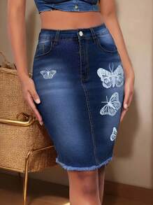 Falda de mezclilla con flecos impresos con mariposas para mujer, verano