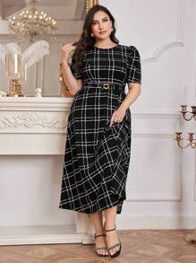 Modelyn Women Belted Black And White Grid Plus Size Dress Long Dress, For Summer