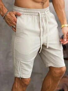 Manfinity Homme Men's Solid Color Drawstring Waist Pockets Casual Shorts - Apricot - View 5