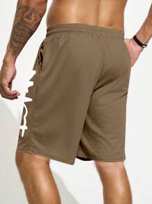 Gym Rark Boyfriend Style Men's Letter Print Drawstring Pocket Sport Shorts, Summer School Sweat Pants - Khaki - View 2