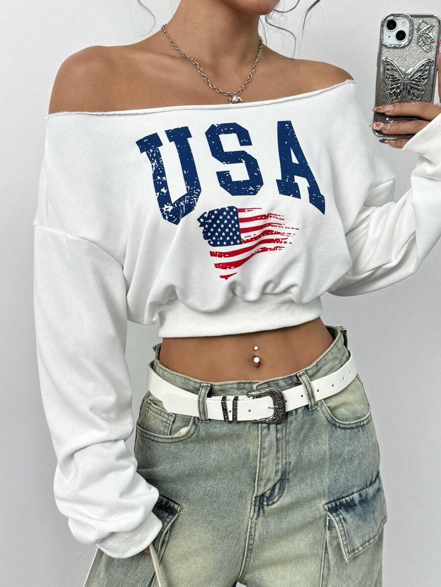 Flirla 女式美国国旗印花露肩长袖短款运动衫