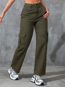 SHEIN EZwear 女裝鬆身休閒牛仔褲，直筒帶口袋，工裝風格 - 軍綠色 - 查看 5