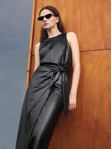 BizChic Falda lápiz de estilo vintage negro de PU recto con nudo de torcido para ropa de trabajo de oficina para mujeres - Negro - Ver 5