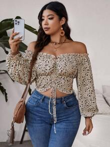 SHEIN VCAY Plus Size Holiday Off-Shoulder Shirred Hemline Shirt With Drawstring Tie - Multicolor - View 5