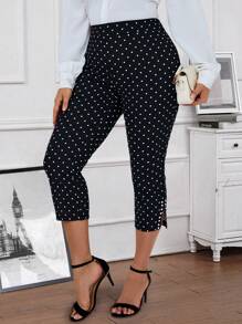 EMERY ROSE 大码女式波尔卡圆点印花侧开衩秋季紧身裤 - 黑色 - 查看 1