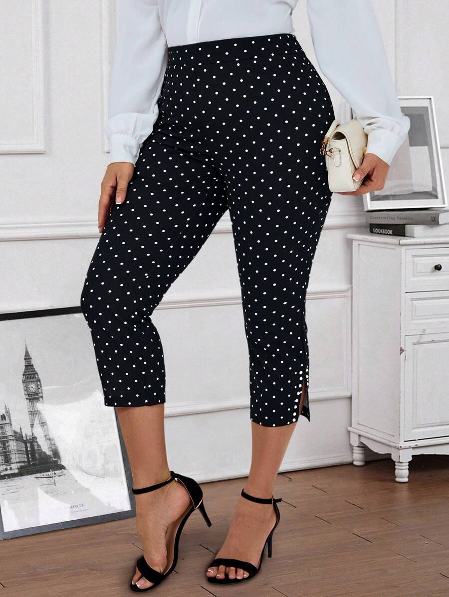 EMERY ROSE 大码女式波尔卡圆点印花侧开衩秋季紧身裤 - 黑色 - 查看 1