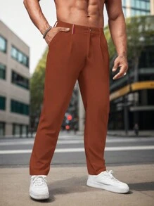 Manfinity Homme Men Solid Slant Pocket Suit Pants For Dailywear - Rust Brown - View 3