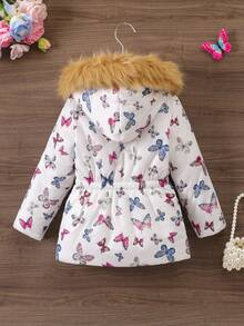 Manteau matelassé à capuche épaissi avec imprimé papillon mignon pour jeunes filles, hiver - Blanc - Voir 2