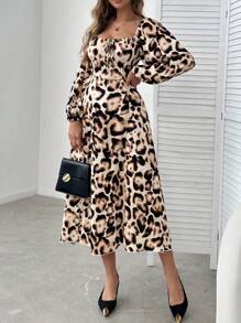 SHEIN Clasi Vestido de manga larga con corte en el dobladillo y detalle de leopardo en el pecho - Marrón - Ver 7