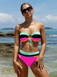 SHEIN Swim Bộ bikini sọc khoét rỗng dành cho nữ đi biển mùa hè, bộ đồ bơi hai mảnh Áo tắm - Nhiều màu - Xem 7